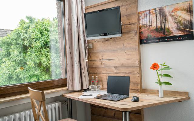 Schreibtisch und TV und Blick ins Grüne, Hotel Nussbaum, Ratingen-Hösel